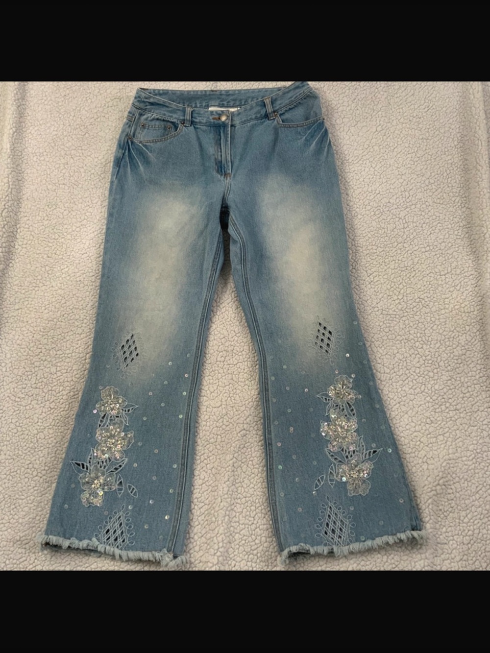 RARE 🔥 Together Y2K Sequin Floral Embroidered Beaded Cut Out Flare Jeans